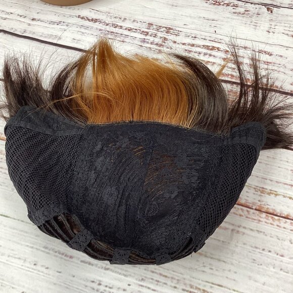 Bio Tapered Wig FF427 Dark Brown W/ Blonde Swoop Heat Safe Adjustable Synthetic - Picture 5 of 6